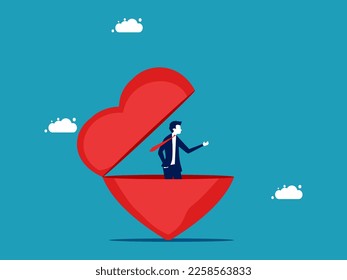 Businessman opens a red heart. Open your mind to business. finance and investment 