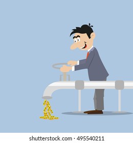 businessman opens the spigot out of him flow of coins. abstraction. vector illustration of cartoon