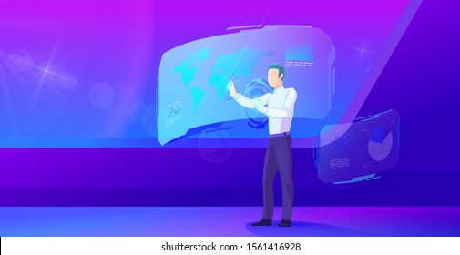 Businessman operates Virtual interface Ultraviolet Vector illustration. Future Global communication Network technology concept.