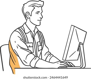 Businessman operating a computer, businessman using technology, working on laptop, businessman typing on computer, businessman with laptop, line art vector illustration, modern line art.