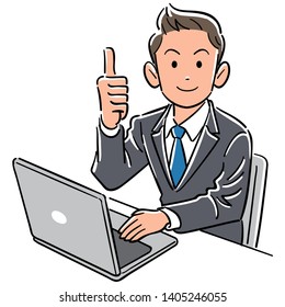 A businessman operating a personal computer thumbs up