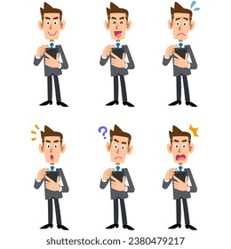 Businessman operating a smartphone, 6 different facial expressions, whole body