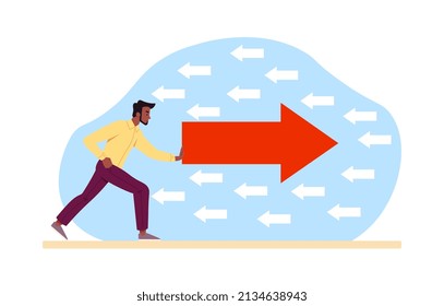 Businessman in opposition. Strong character, young man goes against general opinion. Unique path, leadership metaphor, talented entrepreneur vs public stigma. Cartoon flat vector illustration