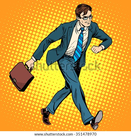 Businessman optimist goes to work pop art retro style. A man in a suit with a briefcase. Walk the pedestrian street.