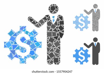 Businessman options mosaic of irregular elements in variable sizes and color hues, based on businessman options icon. Vector irregular items are grouped into mosaic.