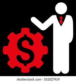 Businessman Options vector icon. Style is bicolor flat symbol, red and white colors, rounded angles, black background.