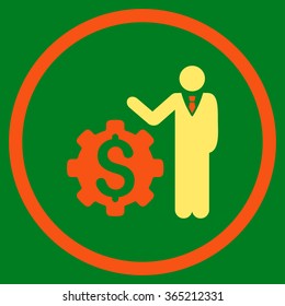 Businessman Options vector icon. Style is bicolor flat circled symbol, orange and yellow colors, rounded angles, green background.