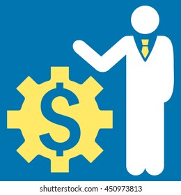 Businessman Options vector icon. Style is bicolor flat symbol, yellow and white colors, blue background.