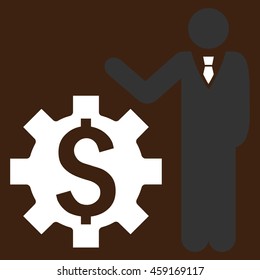 Businessman Options vector icon. Style is flat symbol, white color, brown background.