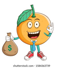 Businessman of orange fruit cartoon character holding bag full of money with ok hand sign and funny smile face