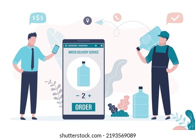 Businessman ordered gallons of aqua in mobile app. Deliveryman brought bottled water to customer for cooler. Courier quickly delivered order to client. Water delivery service. Flat vector illustration