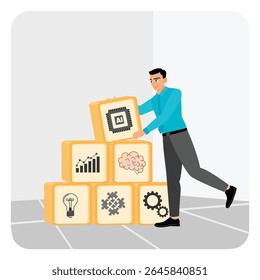 Um empresário organizando blocos com ícones que representam inteligência artificial, inovação e análise de dados, significando tecnologia, colaboração e soluções de negócios. Adotar o conceito de IA.