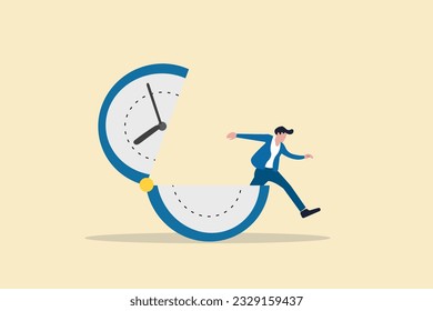 Businessman out from clock. Concept of time management, success, deadline and efficiency