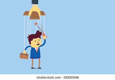 businessman out of control with cut a string which some people use control him. this illustration meaning out of work, freelance and freedom life