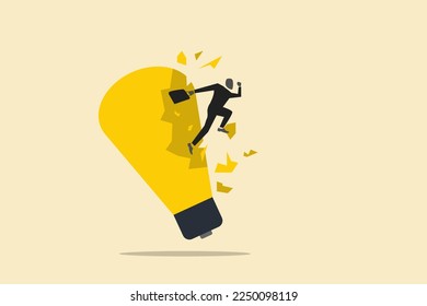 empresario fuera de la bombilla. solución conceptual para resolver problemas, libre de obligaciones, motivación para el éxito financiero y oportunidad.