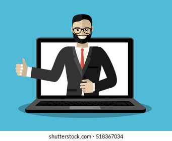 Businessman out of screen monitor with thumb up. Flat design concept vector illustration