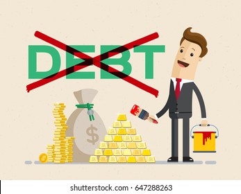 Businessman ?ross out word debt and money lie next to the businessman. Clear debt concept. Vector, illustration, flat