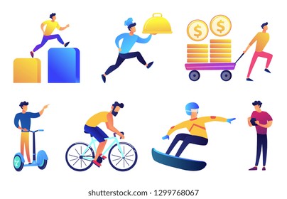 Businessman outdoor activities vector illustrations set. Cycling and snowboarding, segway riding and food delivery, businessman with smartphone. Vector illustrations set isolated on white background.