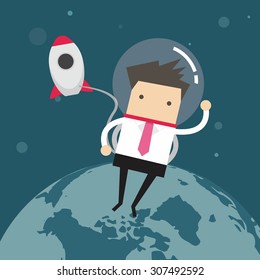 Businessman outside a rocket in space
