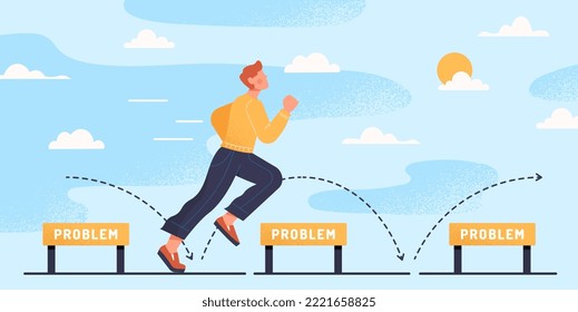 Businessman overcomes obstacles. Man runs and jumps over barriers. Successful and hardworking entrepreneur or investor. Motivation and leadership, poster or banner. Cartoon flat vector illustration