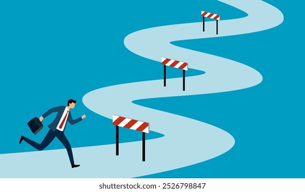 Businessman overcoming obstacles challenges in flat design.