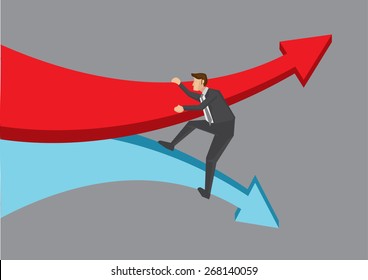 Businessman overcoming the tide of change represented by two huge diverging arrows. Conceptual vector illustration for idiom isolated on grey background.