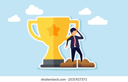 A businessman with oversized shoes stands next to a trophy, illustration of discomfort in the effort to become the best in his field