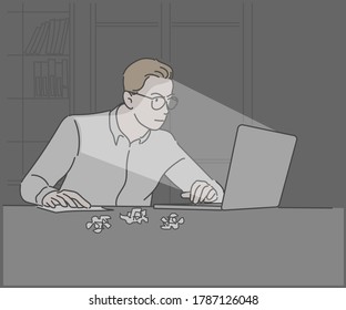 Businessman overtime work alone in the office. Work hard and too late concept. Hand drawn in thin line style, vector illustrations.