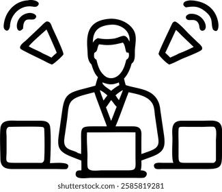 Businessman overwhelmed by digital notifications concept as A professional man in a suit sits at his desk surrounded by multiple devices emitting numerous notifications symbolizing information overloa