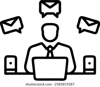 Businessman overwhelmed by digital notifications concept as A professional man in a suit sits at his desk surrounded by multiple devices emitting numerous notifications symbolizing information overloa