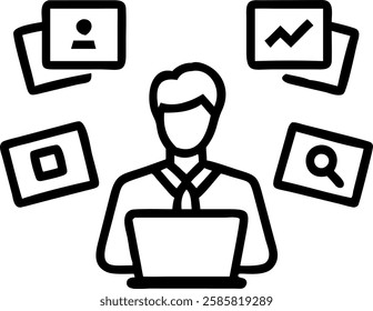 Businessman overwhelmed by digital notifications concept as A professional man in a suit sits at his desk surrounded by multiple devices emitting numerous notifications symbolizing information overloa