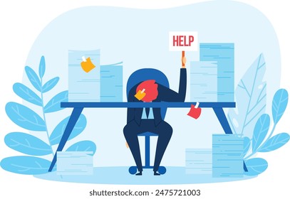 Businessman overwhelmed work holding HELP sign. Cartoon character under stress due excessive tasks. Flat design office worker trouble workload