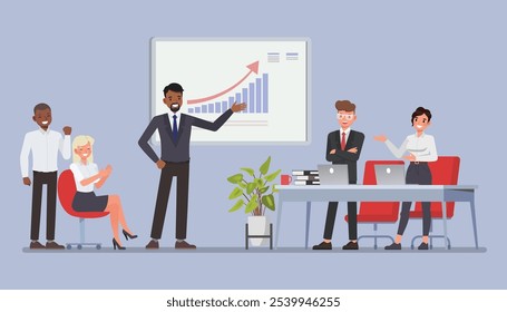 Empresario dueño orgullosamente de pie junto a un gráfico de ventas en crecimiento y el equipo está celebrando el diseño de Ilustración vectorial de personajes. Concepto de crecimiento empresarial.