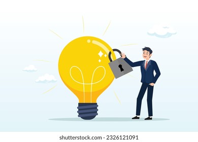 Businessman owner standing with light bulb idea locked with padlock for patents, intellectual property, patented protection, copyright reserved or product trademark that cannot copy concept (Vector)