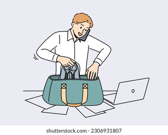 Businessman packing bag for workout finishing office job. Male employee multitask get ready for gym at workplace. Vector illustration. 