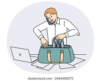 Businessman packing bag for workout finishing office job. Male employee multitask get ready for gym at workplace. Vector illustration.