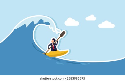 A businessman paddles a canoe through massive ocean waves, illustration of efforts to save a business from a major economic crisis