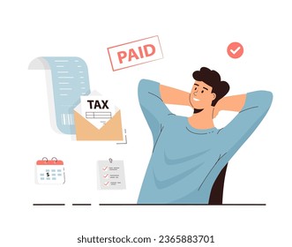 Businessman paid tax concept. Payment of taxes and fees. Happy man with paid stamp bills , tax form, calendar, list. Cartoon flat vector illustration.	
