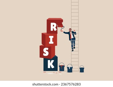 Businessman paint a block cubic stacking up with on stack with the word RISK. Flat vector illustration