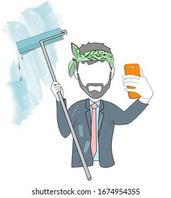 Businessman with a paint roller makes selfie. vector illustration.