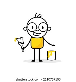 Businessman with a paintbrush isolated on white background. Hand drawn doodle line art man. Vector stock illustration