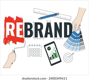 Empresario pintando a BRAND a REBRAND, concepto de rebranding como estrategia de marketing, cambio de identidad de marca imagen corporativa, marca comercial, ilustración vectorial plana. Reetiquetar el marketing estratégico. 2517