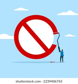 businessman painting prohibition symbol on wall. Prohibition or stop sign, forbidden, x attention and warning sign, prohibited or illegal concept, businessman climbing stairs to paint prohibition symb svg