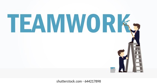 Businessman painting the word teamwork on a wall by climbing up a ladder. Vector illustration.
