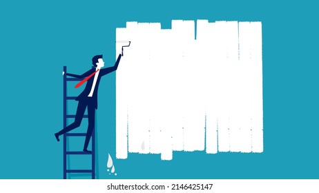 A businessman paints a wall with white paint with a paint roller. vector