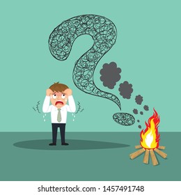 Businessman panic with black smoke question mark, illustration vector cartoon

