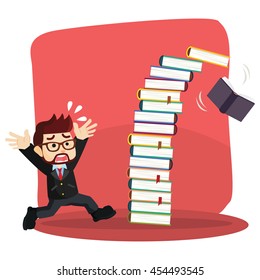 businessman panic as books falling