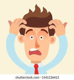 Businessman in panic. Man stress. Financial crisis, collapse. Face expression - fear, terrified. Vector illustration, flat design cartoon style. Isolated background.