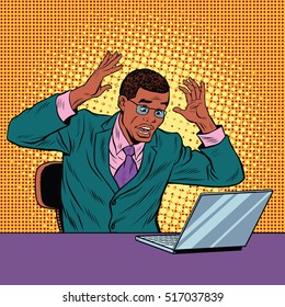 Businessman in panic, reading notebook, pop art retro vector illustration. Bad news on the Internet. African American people