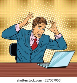 Businessman in panic, reading notebook, pop art retro vector illustration. Bad news on the Internet. Caucasian European people